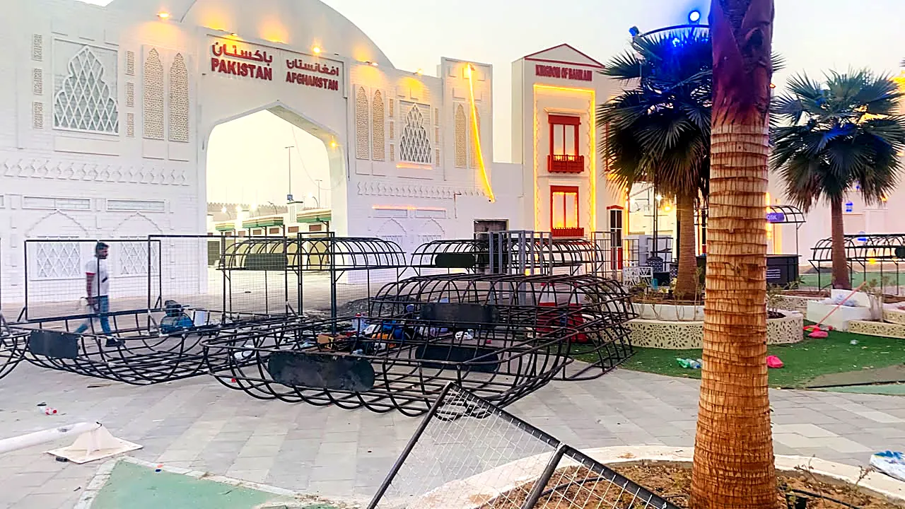 Steel kiosk frames being installed at a festival