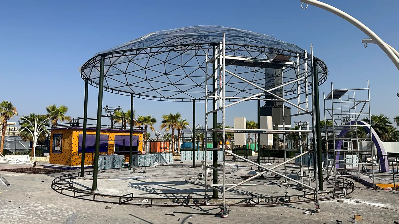 Geodesic dome canopy during installation