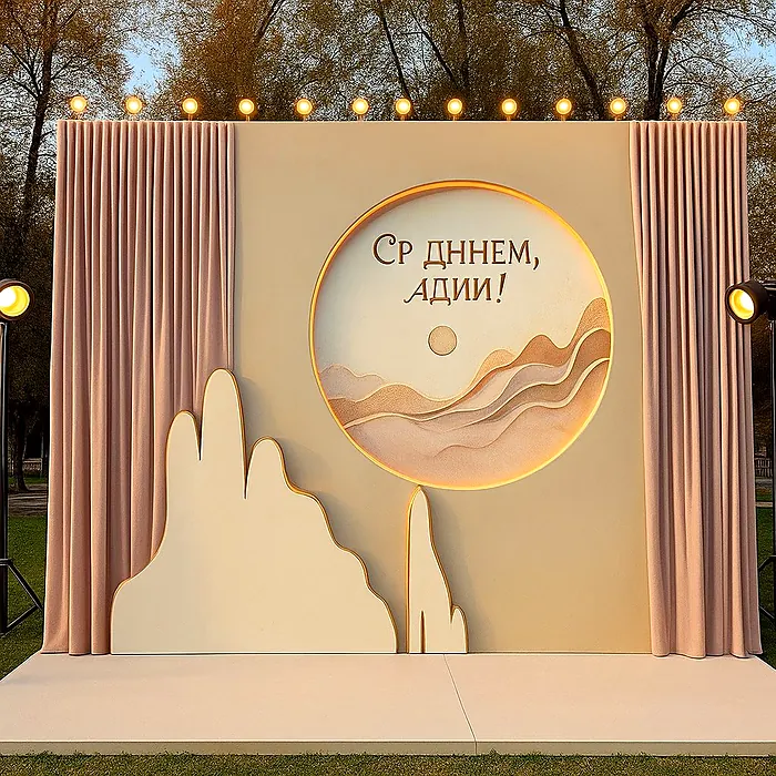 Event backdrop with sculpted landscape and round frame