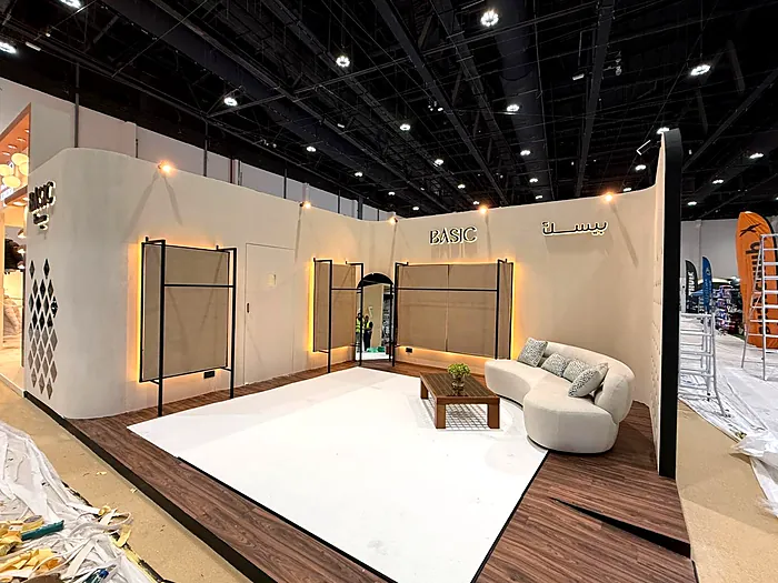 Exhibition stand with lounge and panel walls
