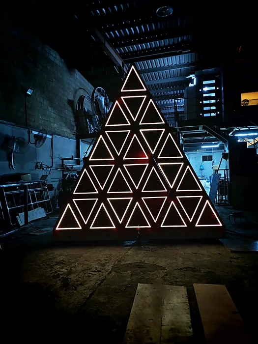 LED triangle pyramid installation at night