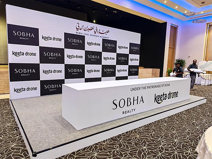 Launch stage and press wall for a corporate event